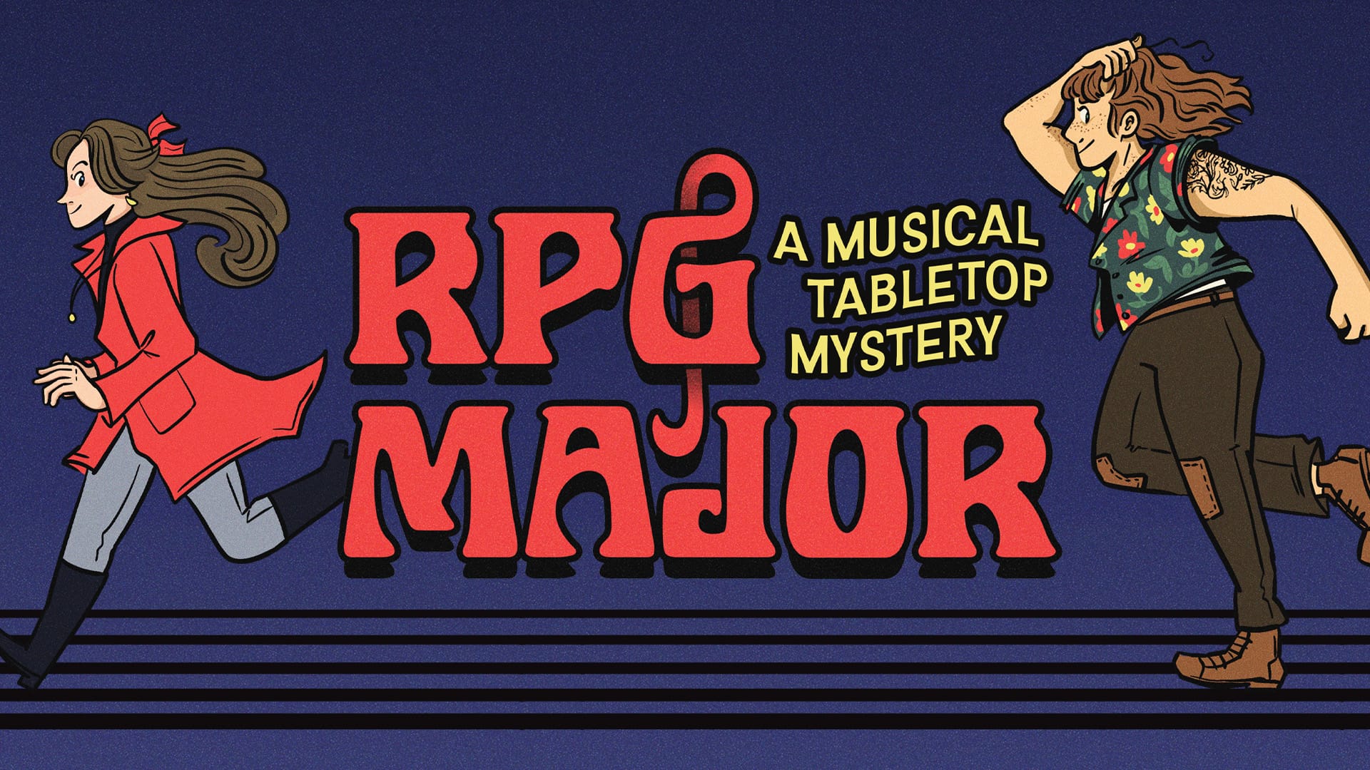 A pair of women drawn in a style reminiscent of Scooby Doo's animation running to the left, flanking the words RPG Major, a Musical Tabletop Mystery