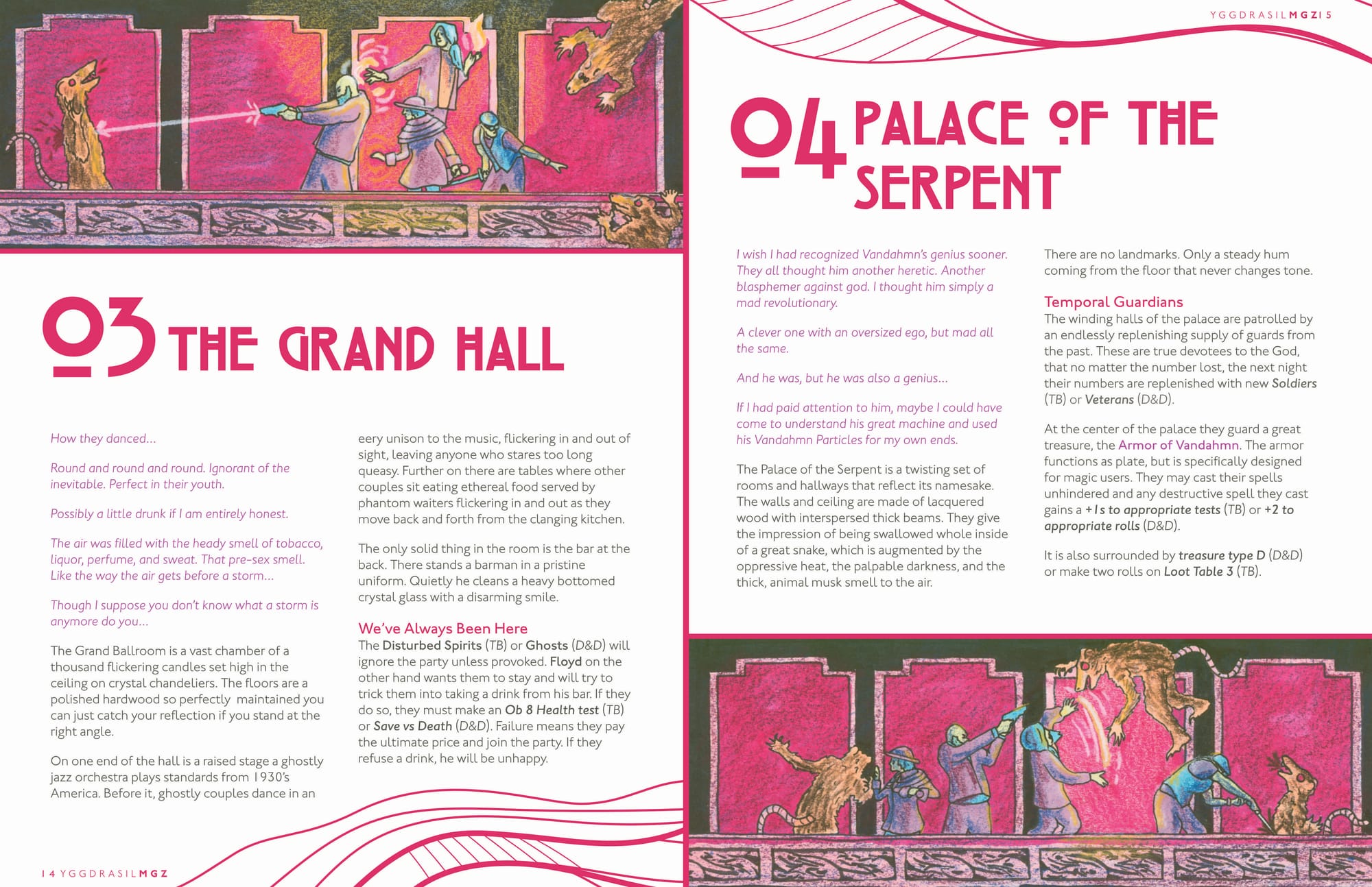 Two page spread from Yggdrasil MGZ, volume 2, issue 3 illustrating two chambers from the Citadel
