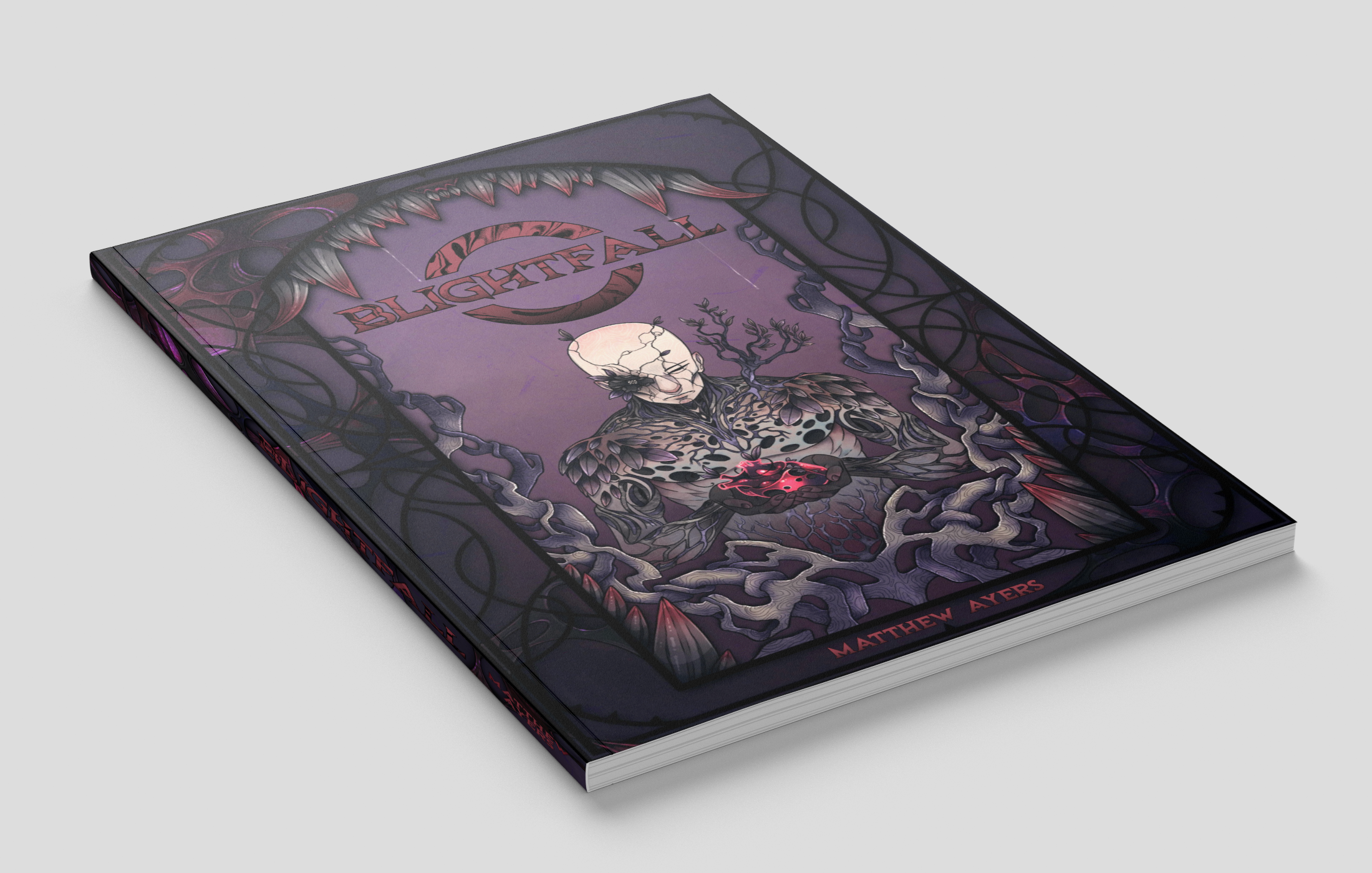 A mockup of the Blightfall book, featuring same image as above of the man/plant holding his glowing heart.