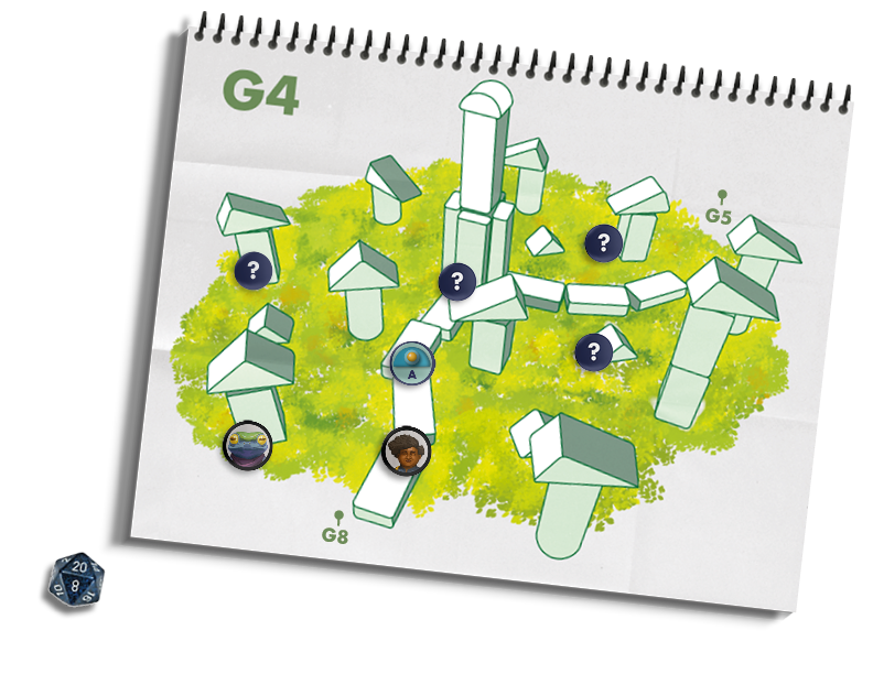 Image of a spiral bound book with player tokens placed around isometric towers.