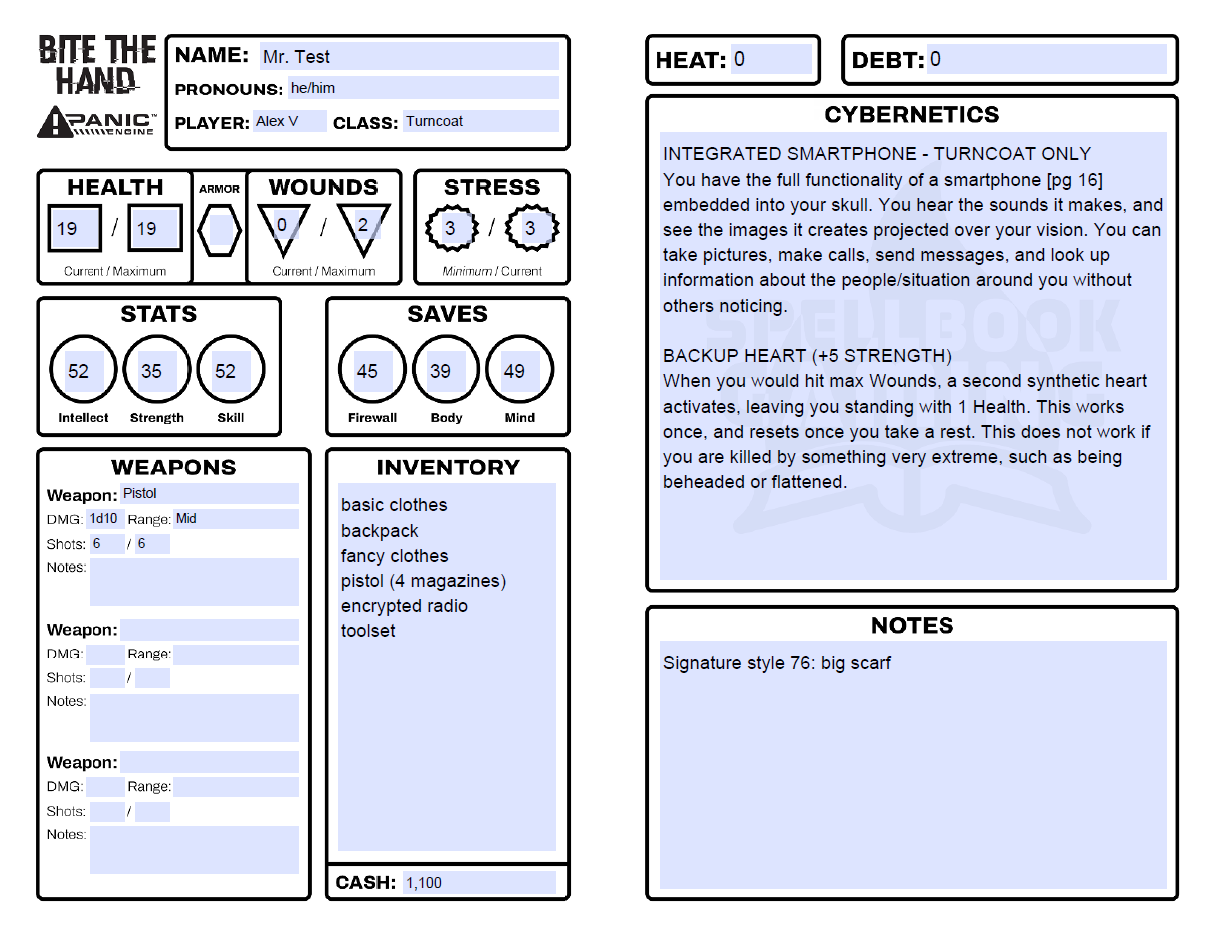 A screenshot of a sample character sheet.