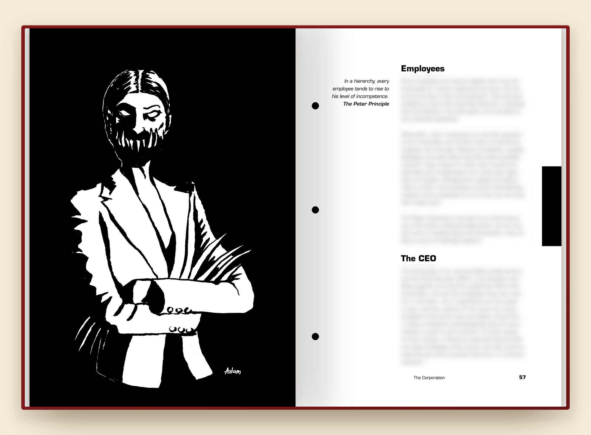 A spread from the book with a nightmarish executive.