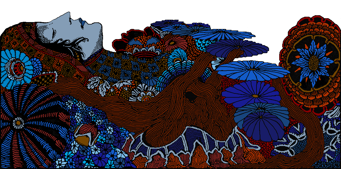 An icy woman, eyes closed and either dead or sleeping, lying in vibrant blue and red flowers.