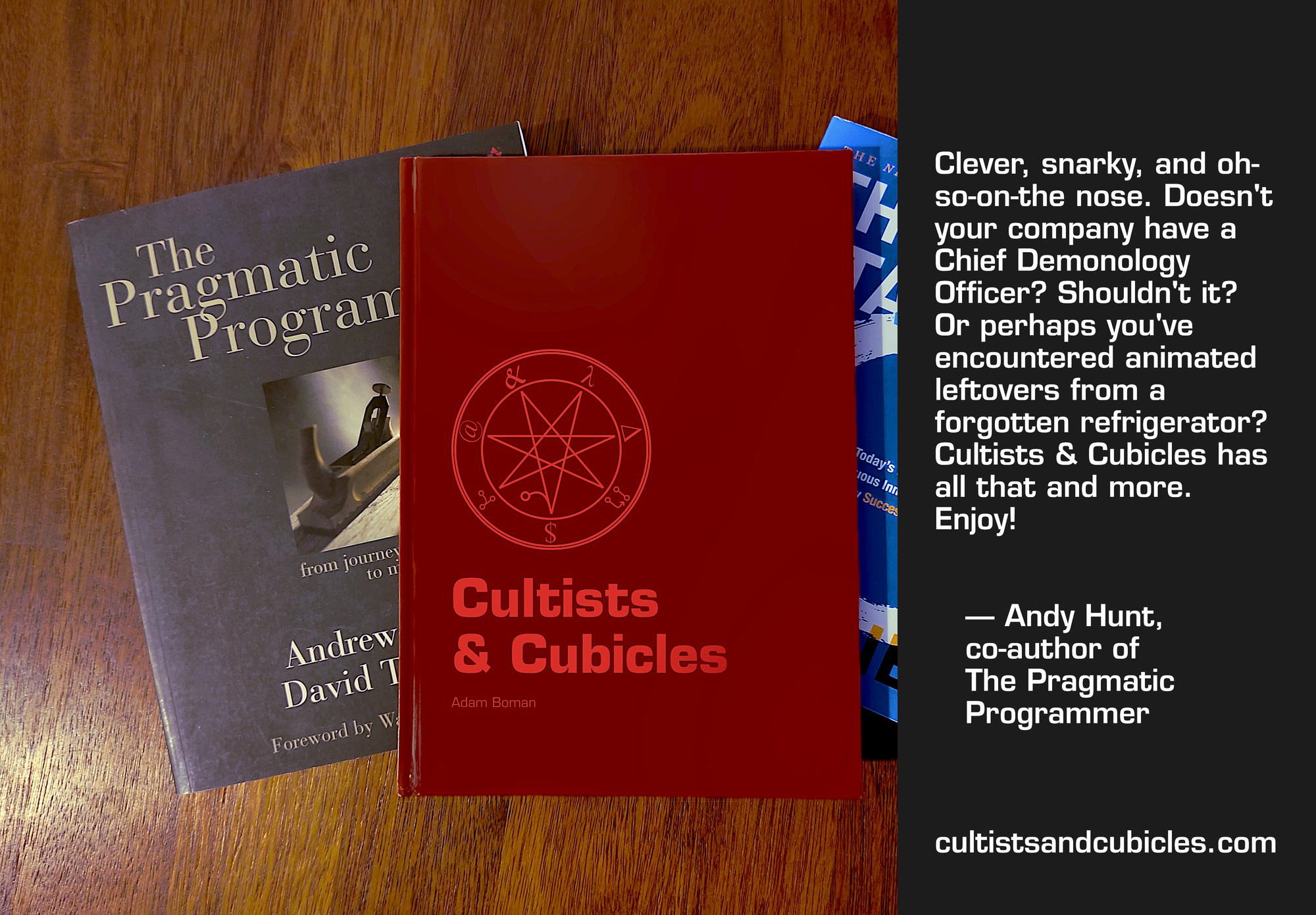 A blood red book cover with the text Cultists & Cubicles together with a nice quote by Andy Hunt, co-author of The Pragmatic Programmer