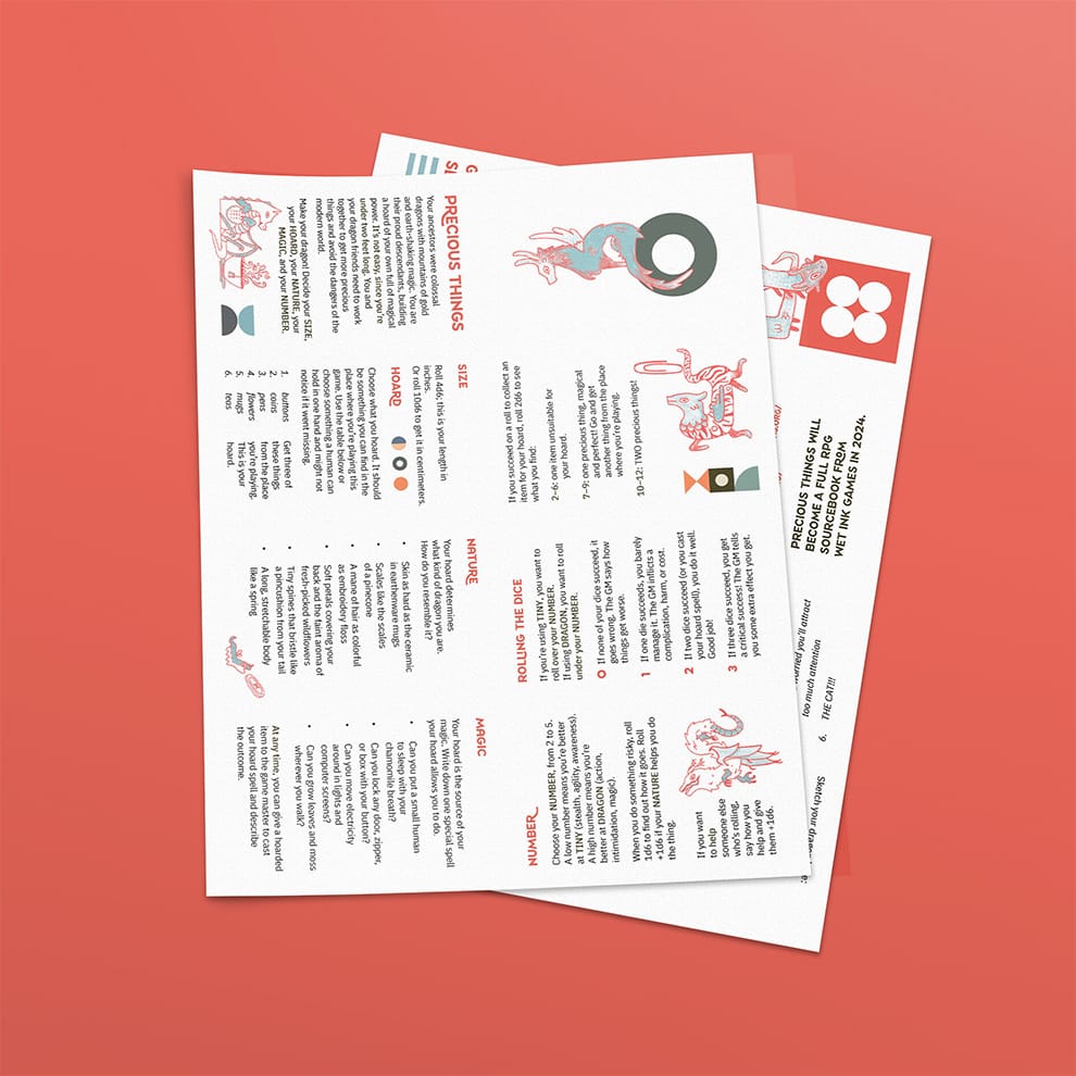 A mockup of Precious Things showing both sides of the page that make up the zine