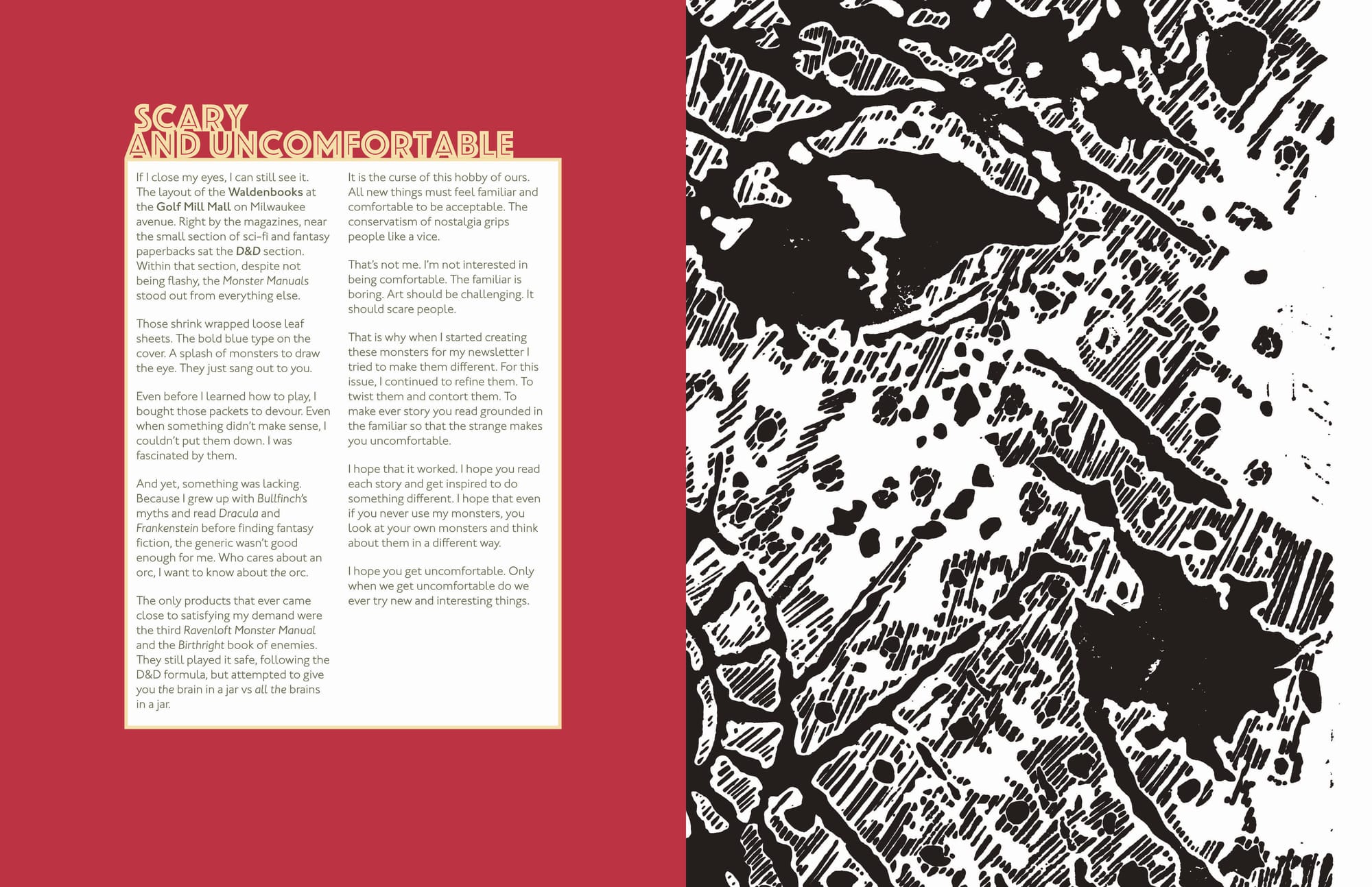 A sample spread of Yggdrasil MGZ featuring an essay and a black and white linocut print of a monster's face