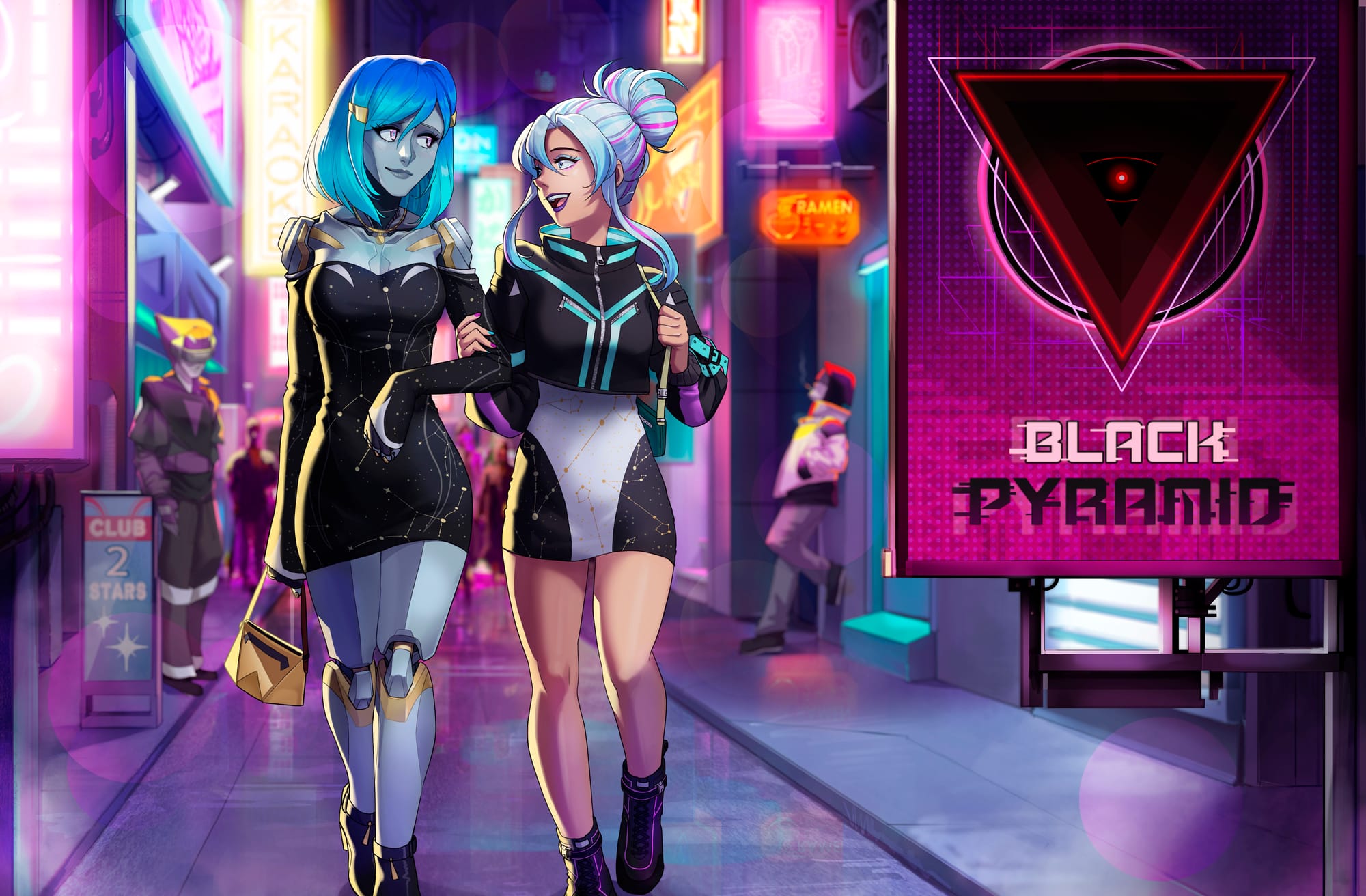 A blue-haired android woman and a white-haired human woman, with linked arms and matching dresses, walk down a street in a nightlife area.
