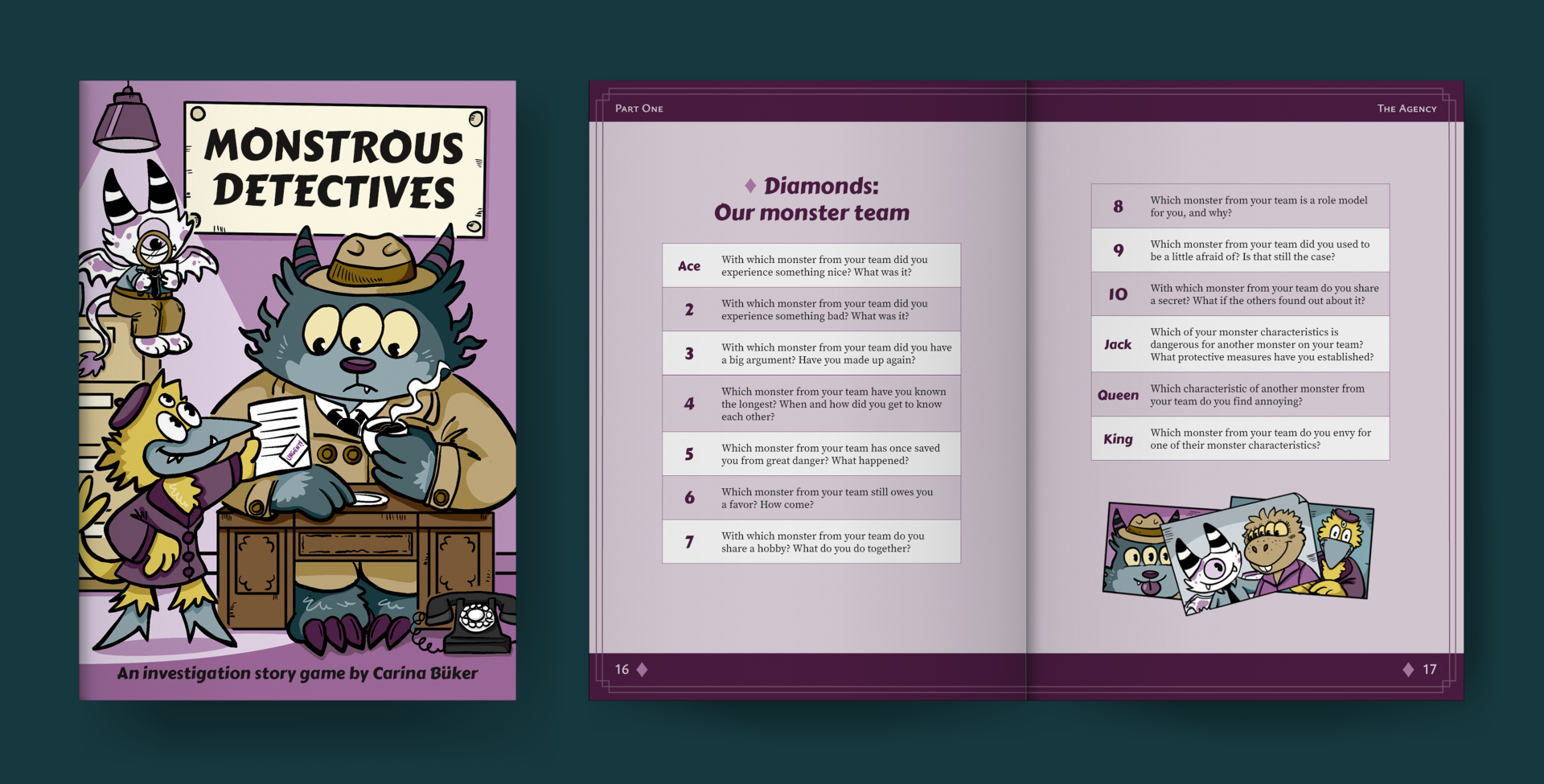 Cover of Monstrous Detectives next to a mockup-spread with one of the question tables