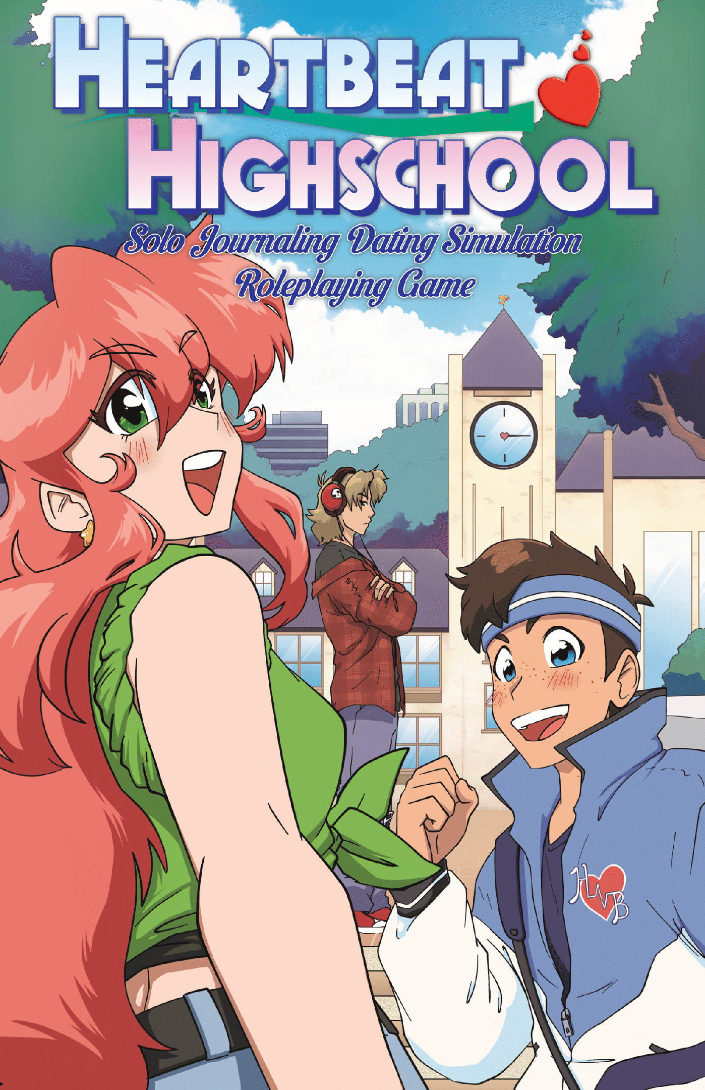 Heartbeat Highschool standard edition cover, with art by Dyo. Subtitle: Solo journaling dating simulation roleplaying game. In an art style reminiscent of 90's anime, three characters head to school, with two looking back towards the viewer. Dani is excitedly pulling the viewer by the hand. She is a teenaged girl with long orange hair and big green eyes. Sam is a shorter teen with brown hair, a sweatband, and a huge smile. Mark is further back, arms crossed and looking moody with his big chunky headphones on over his mullet.