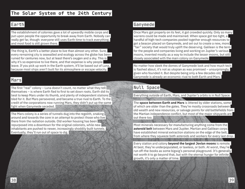 The Solar System of the 24th Century: A spread that details Earth, Mars, Ganymede, and Null Space.