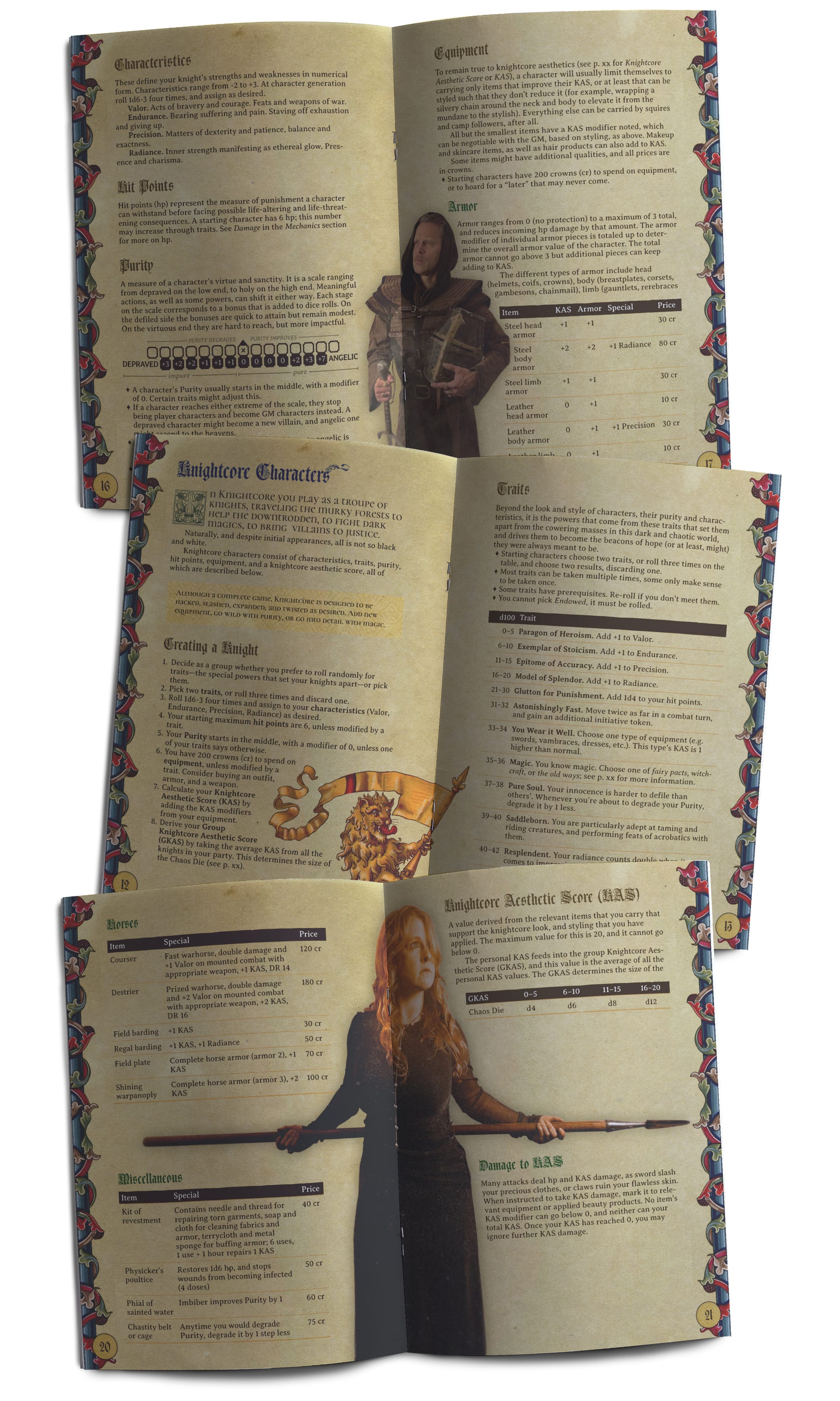 Three sample spreads from the book, showing a modern take on illuminated manuscripts, and featuring some knightcore spot photography.