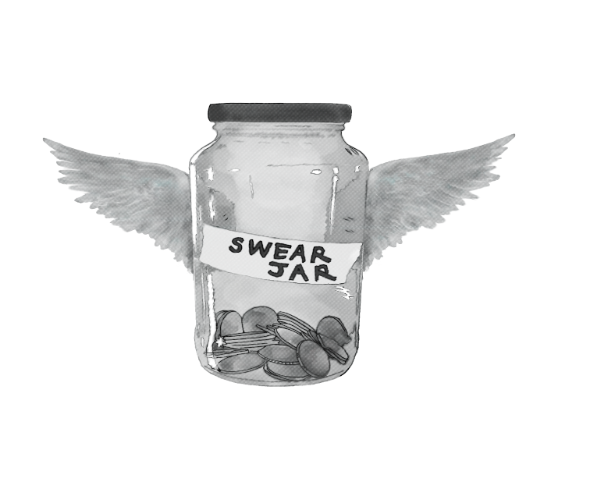 A mason jar full of coins. It has two small angel wings on its back and the words "Swear Jar" written on the front.
