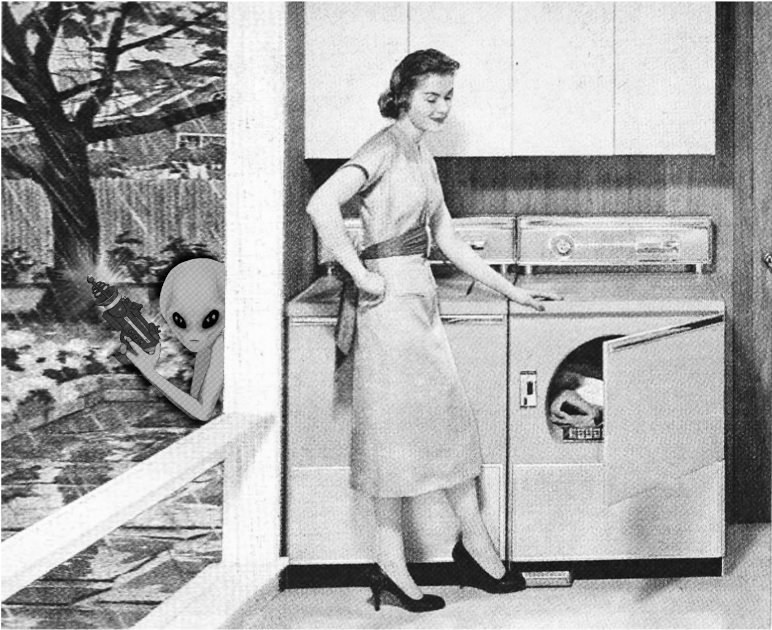A woman opens the dryer in her house while outside in a rainstorm an alien readies its laser gun