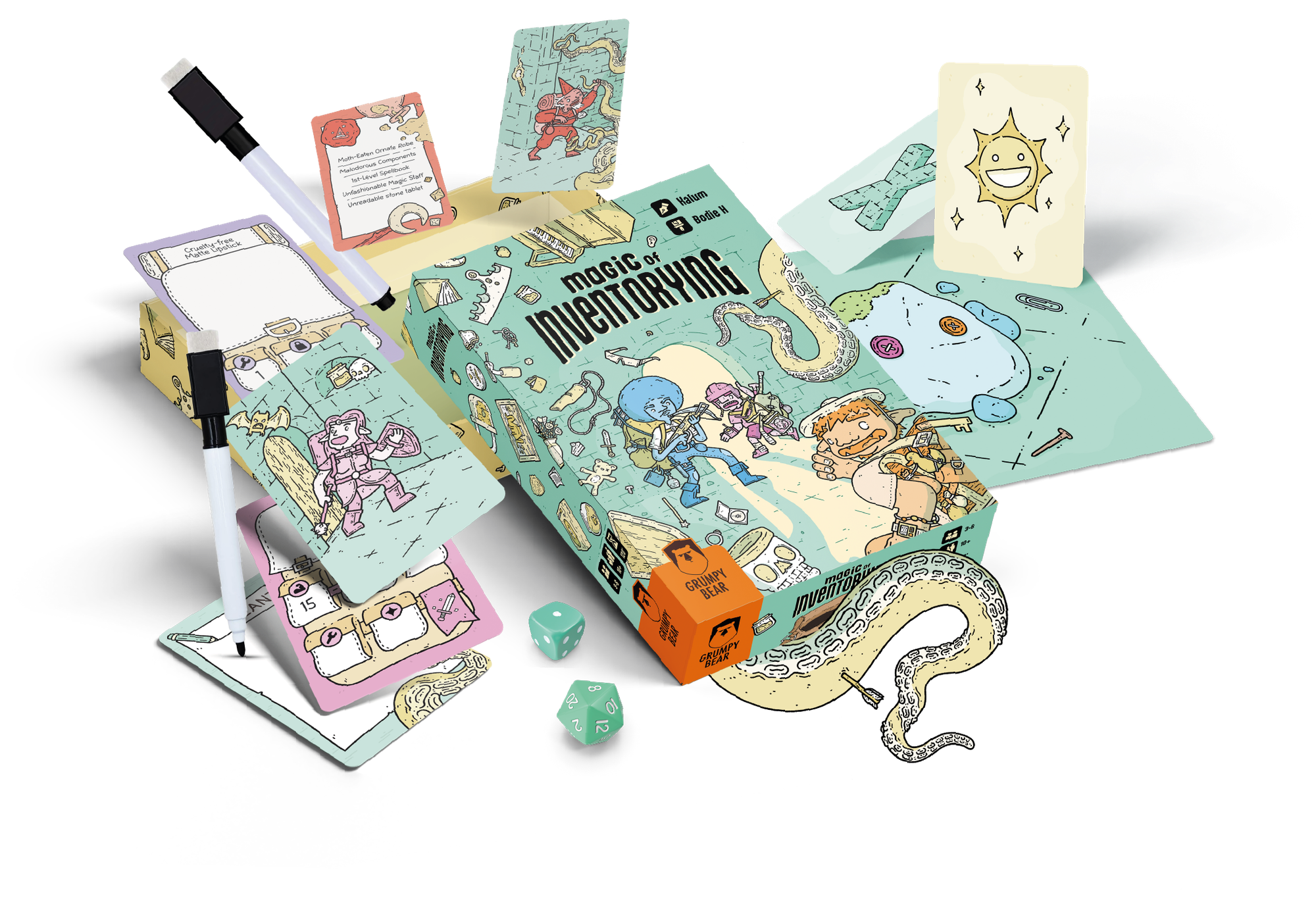 Mock-up of the Magic of Inventorying box set and its content. The whole is illustrated with colorful artworks by Bodie Hartley feturing cartoonish adventurers.