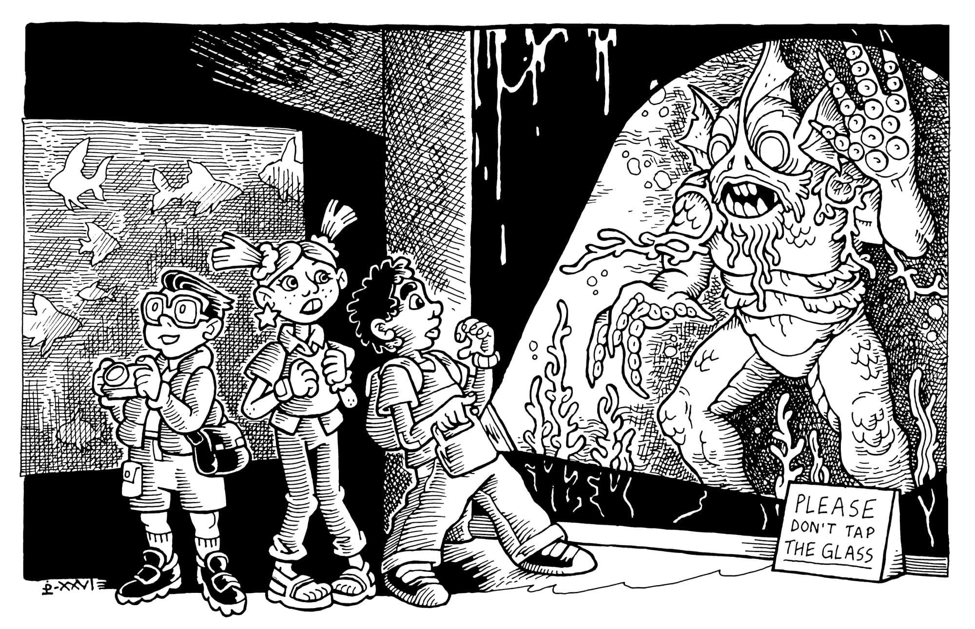 The kids stumble upon a strange creature in the local aquarium (art by Penflower Ink)