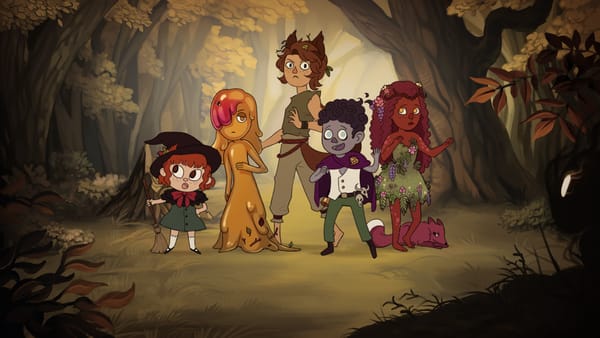 An illustraof five children, a witch, a girl made of honey, a wolf child, a gray child, and a flower child in a pastoral wood