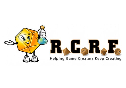 Anthropomorphic Dice offering a healing potion and RCRF with the words, Helping Game Creators Keep Creating beneath