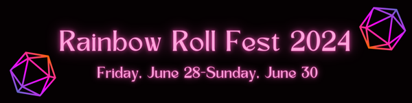 Pink text appears on a black background, it reads "Rainbow Roll Fest 2024 Friday, June 28-Sunday, June 30th"