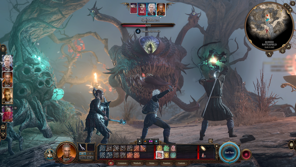 In-game screenshot of Baldur's Gate 3 party fighting a Spectator