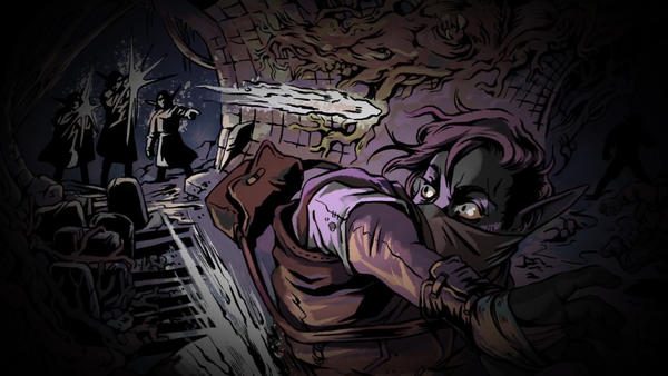 Screenshot from Backerkit video for Dagger in the Heart. An adventurer flees three magic users through a overgrown tunnel.