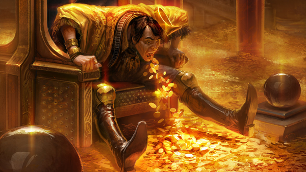 A man sits on a golden throne, vomiting gold coins into a room already filled with glittering treasure.