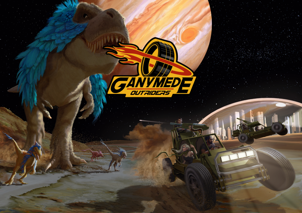 Two buggies escape a herd of raptors and a t-rex. In the background is a domed settlement, and Jupiter is high in the sky.