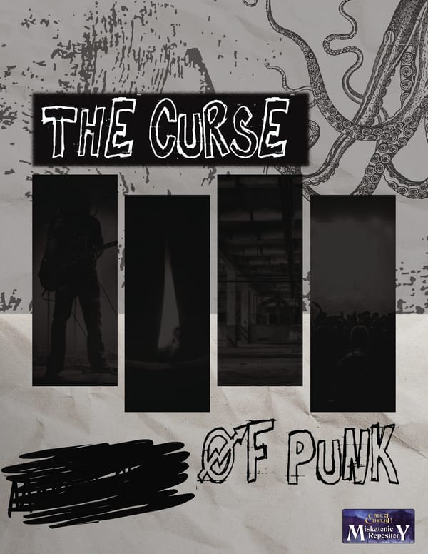A crumbled-paper background with scribbles, four black bars, and the title "The Curse of Punk"