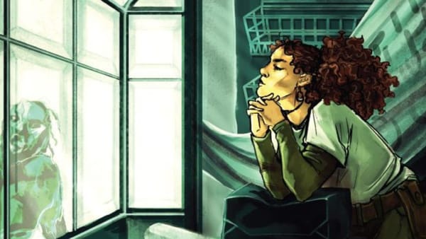 A young woman with curly brown hair looks out the window at a zombie like figure