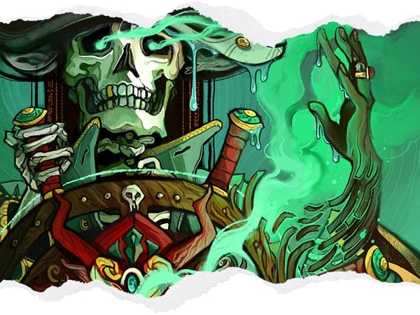 A pirate skeleton holds a ship's wheel amid spooky green smoke. 