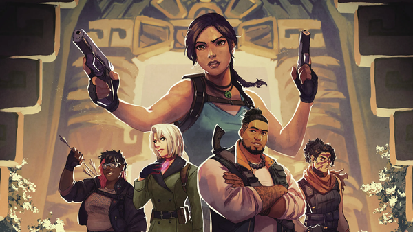 Cover for Tomb Raider: Shadows of Truth RPG, featuring four adventures posed below Lara Croft.