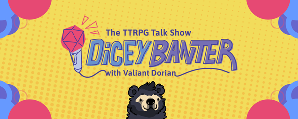 A promotional graphic for Dicey Banter featuring a yellow geometric background with a horizontal logo for Dicey Banter. 