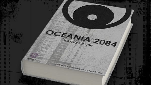 A book of Oceania 2084 on worn images of brutalist architecture 