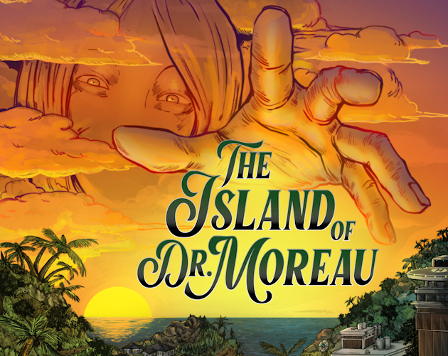 A section of the book cover with the hand of Dr. Moreau reaching down around the title.