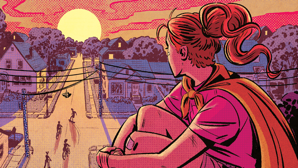 A girl with long red hair and a cape watches four kids playing in a street at sunset.