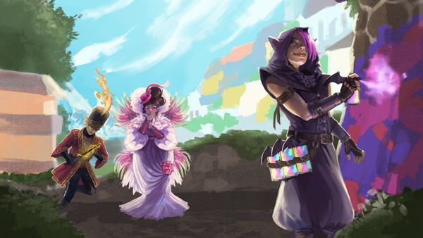 A gang member graffities a wall, while in the background a flaboyantly dressed noble alerts a guard