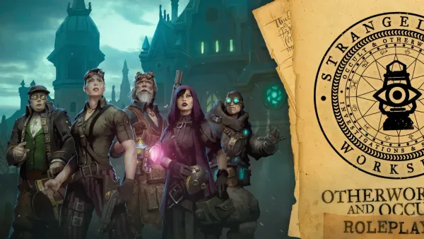 Art for Strangelight Workshop RPG. Five grungy adventurers with magicpunk tech and weapons pose in front of a spooky mansion.