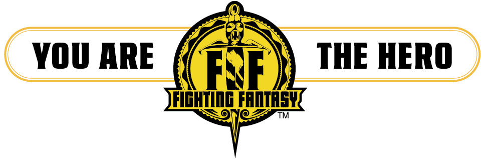 A banner that features a yellow version of the Fighting Fantasy logo in the center. The banner reads: You Are The Hero.