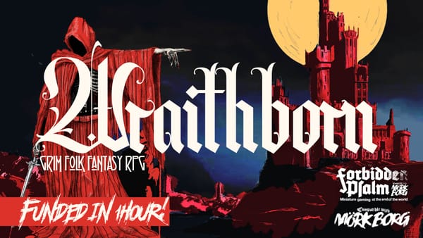 A hooded figure in red poaints to a forboding castle, lit from behid by a large moon. The title reads Wraithborn | Grim Folk Fantasy RPG, Compatible with Mork Borg & Forbidden Psalm. There i