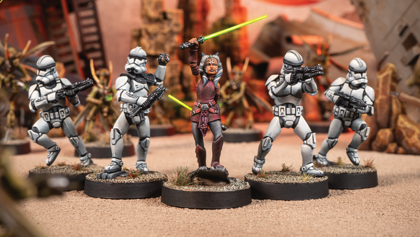 A photo of Star Wars: Legion miniatures - Padawan Ahsoka leading some clone trooper into battle.