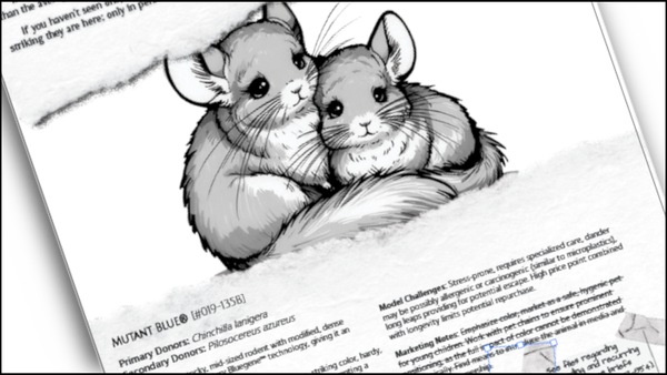 A sample page from Mutants From the Archives, Pet Shop Blues, featuring a pair of the the "Mutant Blue" chinchilla and associated text.