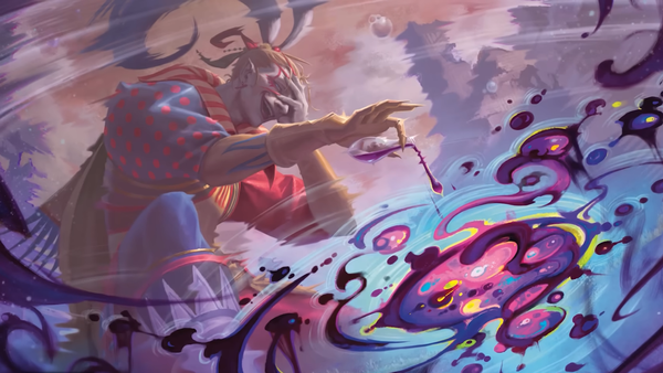Illustration of Final Fantasy villain Kefka pouring poison into water while laughing.