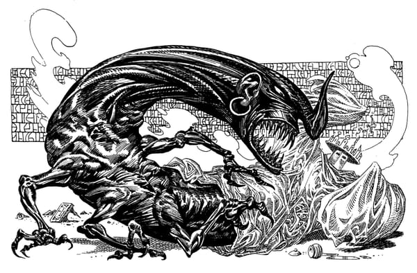 Artwork from Liquid Steel depicting a terrifying beetle monster.