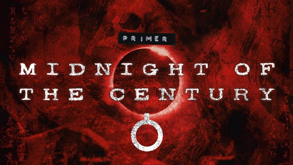 Midnight of the Century. Striking red and black, skull peering from the background with an eclipse at the centre and strange circular logo. Enochian text and imagery.