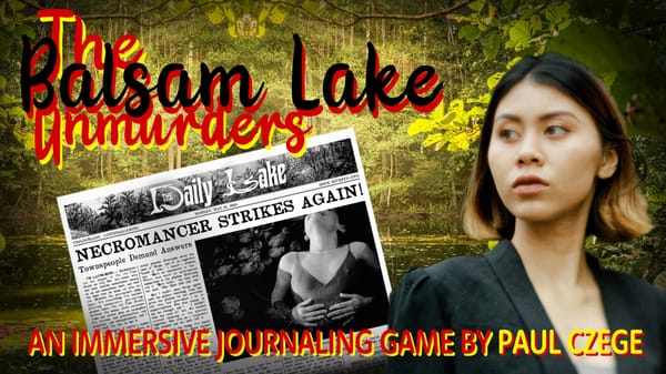 A woman detective at a forested lake with sunlight streaming through the foliage. There's an image of a newspaper with the headline "Necromancer Strikes Again."