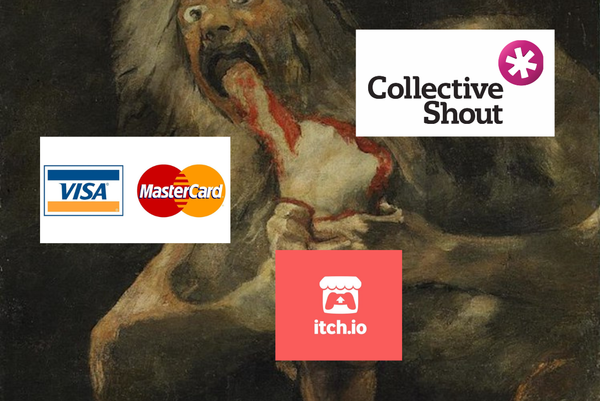 Saturn Devouring His Son with Visa, MasterCard, and Collective Shouts logos on Saturn. itch.io's logo on the son.