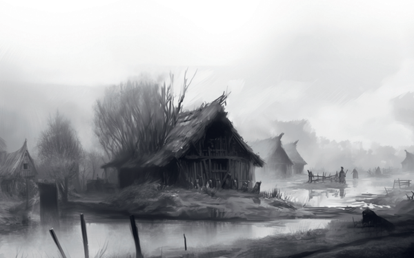 A monochrome image of a medieval village. The central house appears to have a tree growing out of it.