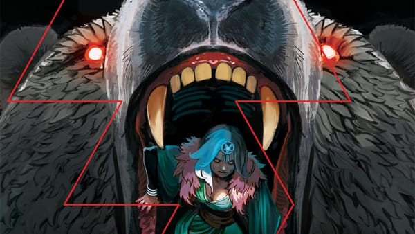 Woman in green dress with a pentacle headcrest staggers out of the mouth of a massive bear with red, glowing eyes.