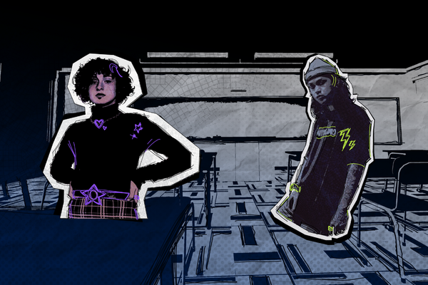 a classroom, two students, the art style has colour markers over black and white images