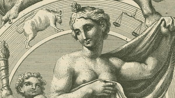 Classical-style illustration of two figures with constellation figures in the background. (Left) cherubic figure with torch. (Right) Naked feminine figure draped in cloth.