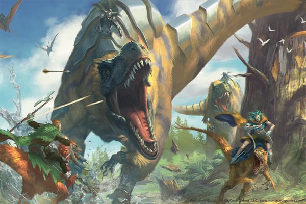 Two raptor riding warriors narrowly escape the jaws of a massive, metalic armored T-Rex as arrows and bows fly through the air. 